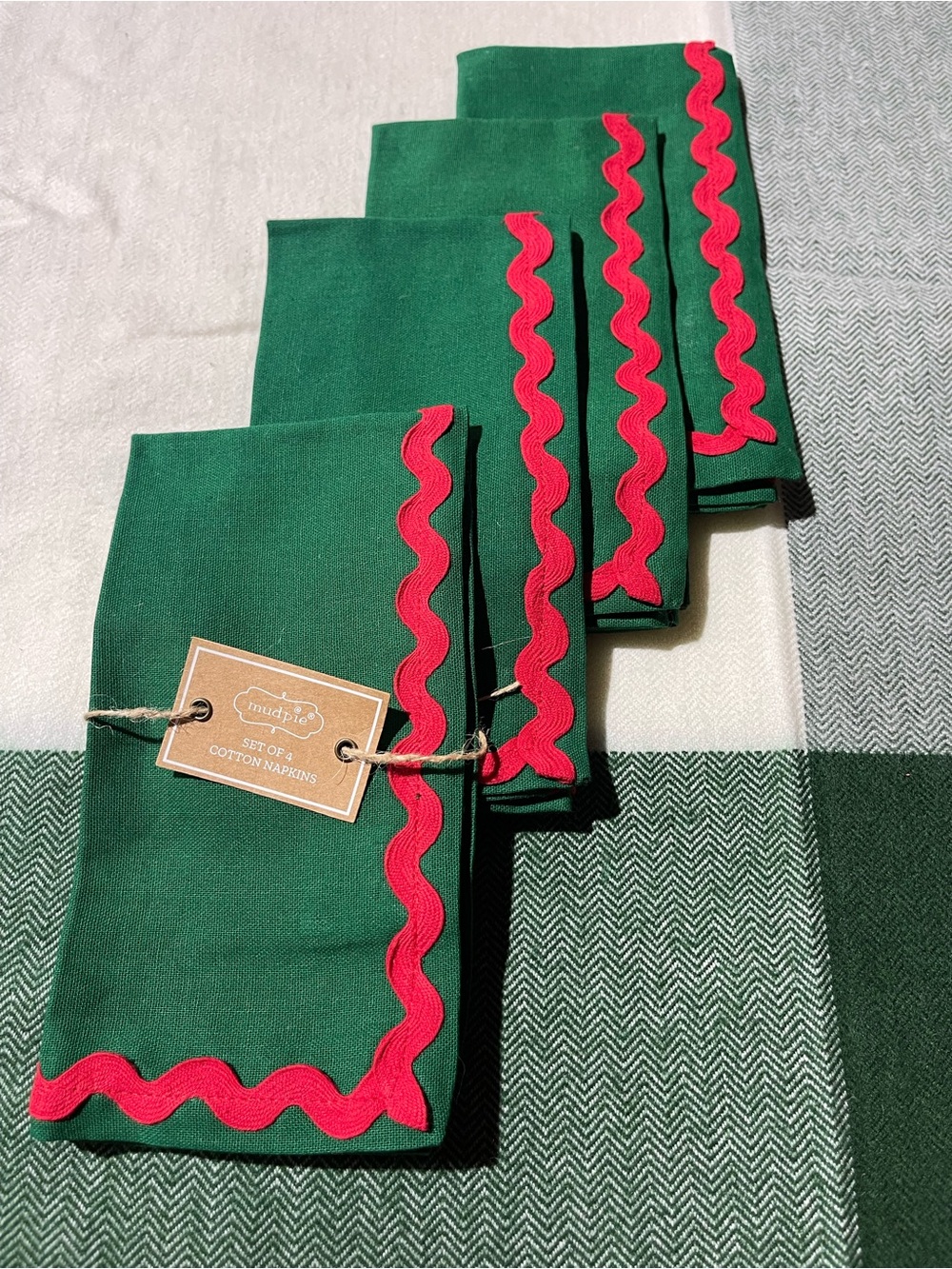 Mud Pie Green Ric Rac Napkins Set of 4